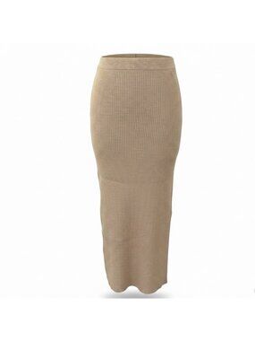 Mango Womens Beige Ribbed Knit Midi Skirt Stretch-Fit Size S